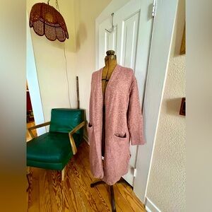 CALVIN KLEIN Jeans Long Duster Sweater Cardigan Womens M Pockets Dusty Pink